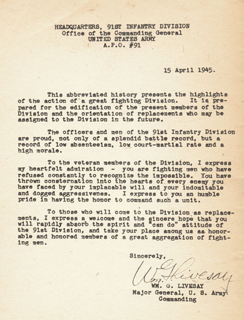 [Introduction letter from Major General William G. Livesay Commanding General, 91st Infantry Division]