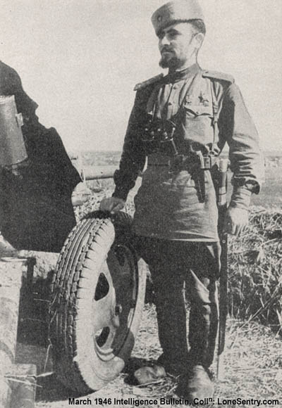 [Red Army Officers Corps: This Cossack in field uniform not only wears the re-adopted Czarist-type shoulder boards, but has other traditional gear formerly taboo.]