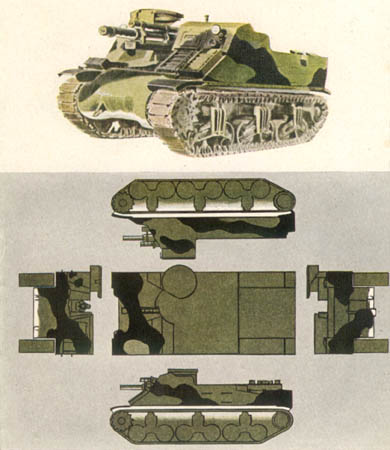 [FIGURE 38 (1) and (2). Ground view and pattern plan of tank destroyer painted olive drab and black, the undersurfaces countershaded white. Keep patterns bold and simple.]