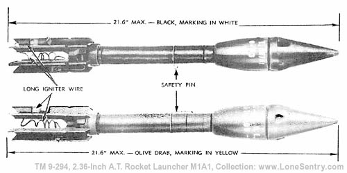 [Figure 15 -- Rocket, H.E., A.T., 2.36-inch, M6A1 (lower) and Rocket, Practice, A.T., 2.36-inch, M7A1 (upper)]