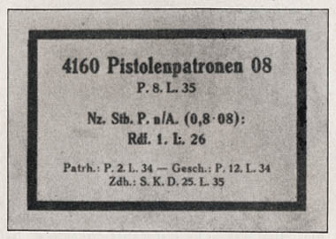 [Figure 100. Label for model 08 pistol cartridges (Pistolenpatronen 08). Model 08 pistol cartridges are the regular ammunition for the Luger, the Walther, and the M.P. 38 and 40; this label is pale blue with black printing.)]