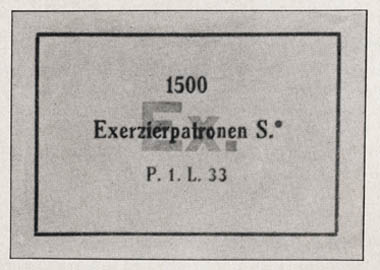 [Figure 101. Label for dummy, drill cartridges, model S (Exerzierpatronen S.). (This label is white with black printing and a red overprinting of Ex.)]