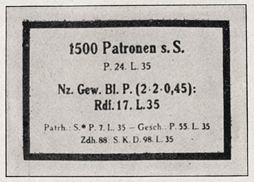 [Figure 91. Label for case of 1,500 rounds of heavy, pointed ball ammunition (Patronen s. S., Patronen schweres Spitzgeschoss). (The label is white with black printing.)]