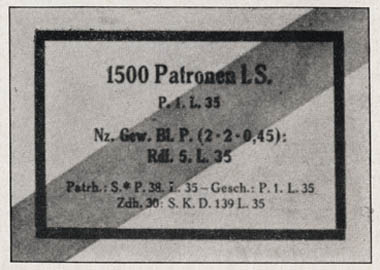 [Figure 99. Label for light, pointed ball ammunition (Patronen l. S., Patronen leichtes Spitzgeschoss). (This label is white with black printing; a green diagonal band runs from the lower left to upper right corners.)]