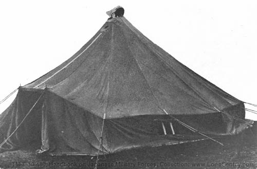 [Figure 406. Japanese octagonal tent. (This complete tent weighs 118 pounds, without pegs and poles.)]